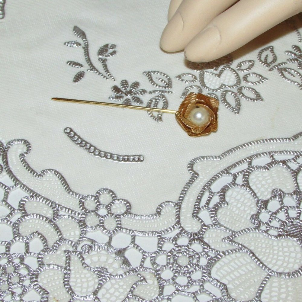 Vintage Gold Tone Rose Stick Pin Faux Pearl Lapel Hat Boho Cottagecore Brooch